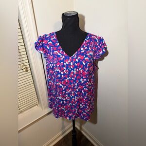 Draimp Blue Pink Heart Print Blouse Womens Large Flutter Sleeve V Neck Top